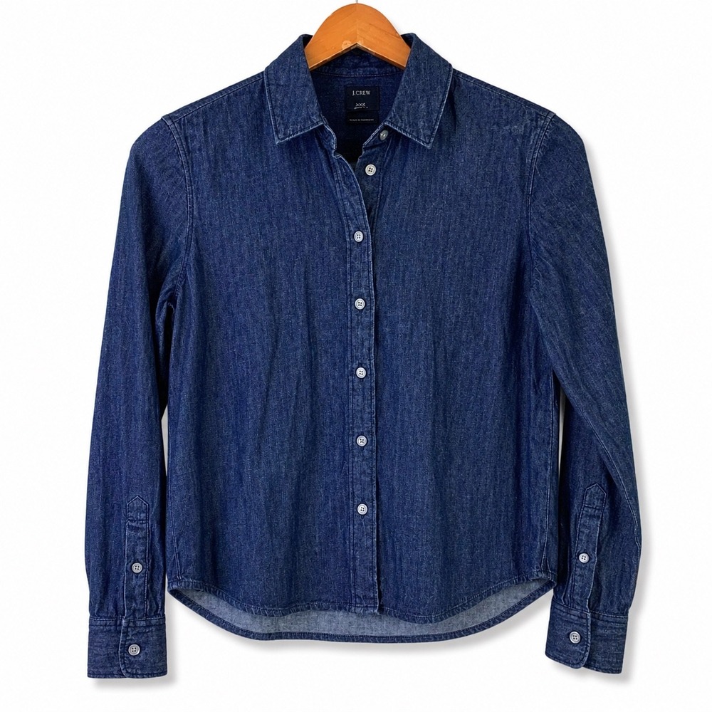 J.Crew Womens Dark Indigo Denim Button Down Shirt Blue XXS Preppy Minimalist
